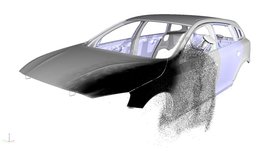 Abbildung 2 stellt die multiphysikalische Simulation eines Hochrotations­zerstäubers mit Außenaufladung zur Berechnung der Tropfenflugbahn am Beispiel einer Volvo V60-Karosserie dar.