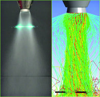 Abbildung 4: Untersuchung der Tröpfchengeschwindigkeit mittels Laser­doppler-Anemometrie an einem Hybrid-Zerstäuber(li) und Multiphysikalische Simulation (re).