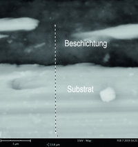 Die Untersuchung mittels REM-Aufnahme hatte das Ziel, die  notwendige Eloxal- oder Passivierungsschicht zwischen Substrat und Beschichtung nachzuweisen.