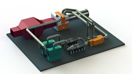 Die Grafik zeigt eine 3D-Skizze der installierten Abluftanlage. Bei diesem Verfahren wird die mit VOCs angereicherte Desorptionsluft auf die Verbrennungsluft von zwei Mikrogasturbinen verteilt. In den Turbinen werden die VOCs zusammen mit Erdgas verbrannt und als Brennstoff zur Stromerzeugung genutzt.