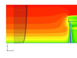 Die Grafik verdeutlicht die Geschwindigkeitsverteilung an der Turbine mit atmosphärischer Grenzschicht­anströmung. Foto: bionic surface technologies GmbH