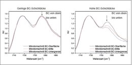 Infrarotspektren von Basislack-Mikrotomschnitten zur Analyse der Isocyanat-Durchdringung durch den Klarlack-Härter.