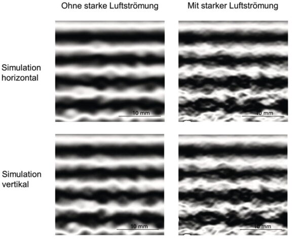 Simulierte Streifenlichtprojektion auf einer Lackoberfläche nach 10 min simuliertem Verlauf. Grafik: Fraunhofer IPA