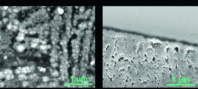 REM-Aufnahmen der Oberfläche (links) und eines FIB-Schnittes (Querschnitt) einer Dünnschichtvorbehandlung auf Stahl mit Zink- Magnesium-Überzug. Die Schichtdicke der Konversionsschicht beträgt etwa 100 nm. Foto: Fraunhofer IPA