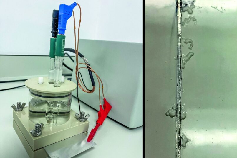 Zwei nebeneinanderstehende Fotos. Links die Messzelle, rechts ein Bauteil mit Korrosion