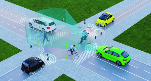 Computeranimation: Straßenkreuzung mit Autos, einem Radfahrer, einem Motorradfahrer und einem Fußgänger