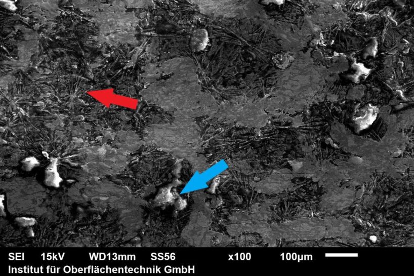 REM-Bild der Oberfläche eines unbeschichteten Stahl-Bauteils. Es sind kristalline Phosphatstrukturen (roter Pfeil) sowie Reste von Ziehseife (blauer Pfeil) erkennbar.