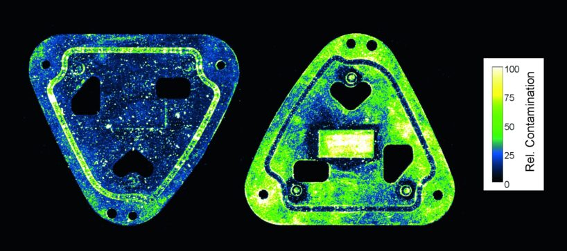 Fluoreszenzbild eines Bauteils in Falschfarbendarstellung